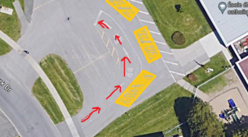 Schéma du débarcadère de l’école illustrant la circulation des voitures vers le bisou et les zones interdites au stationnement en jaune.